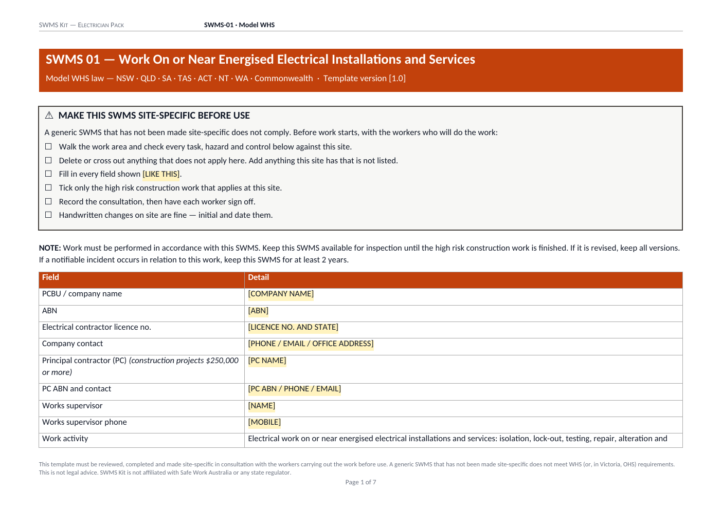 First page of SWMS 01 Energised Electrical Work showing the header block and site-specific checklist