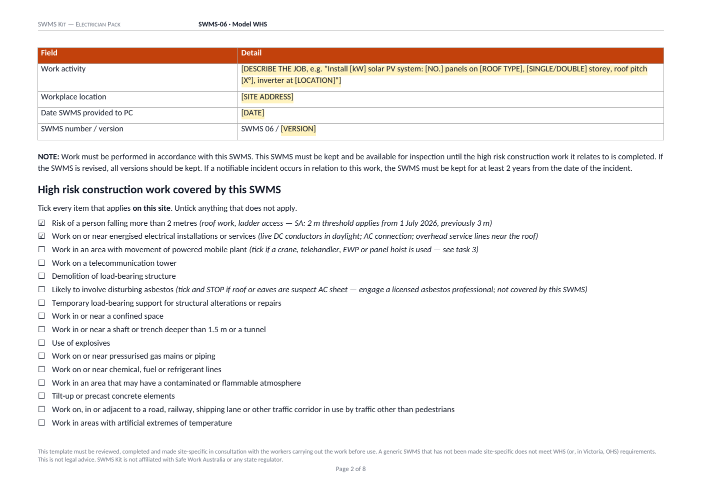 Task table page of the Solar PV SWMS showing the five-column hazard-to-control layout