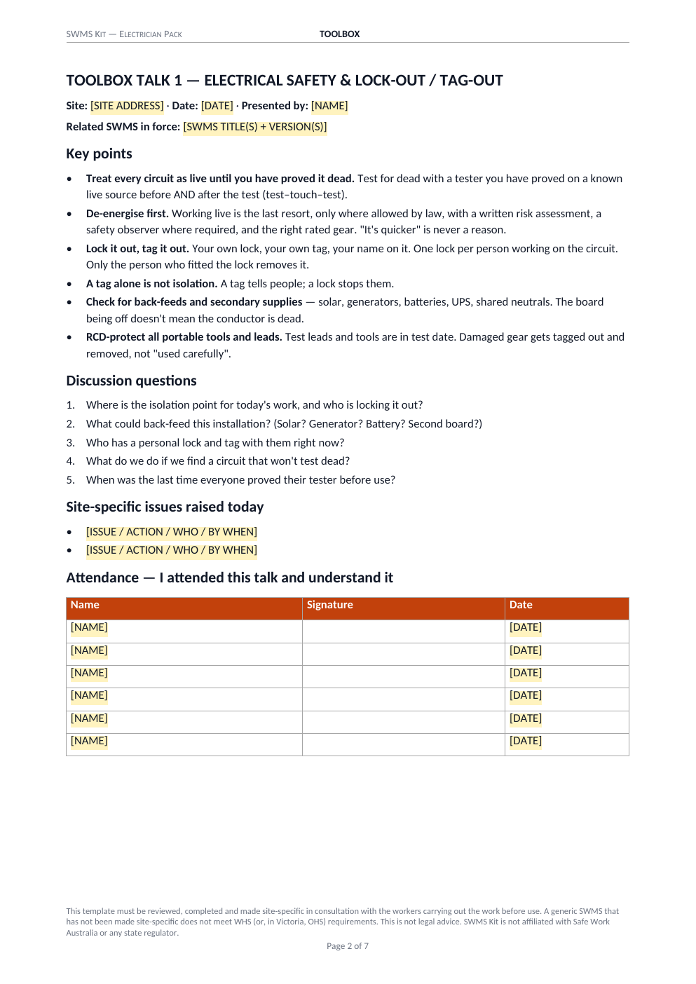 Toolbox talk page from the kit — electrical safety and lock-out/tag-out talk with key points, discussion questions and attendance table